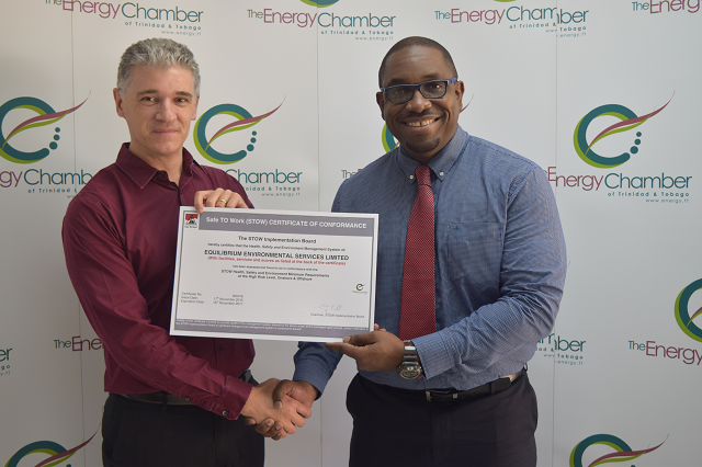 EES Managing Director, Neil Harper is presented with the STOW-TT certificate by Trinidad & Tobago Energy Chamber CEO, Dr. Thackwray “Dax” Driver