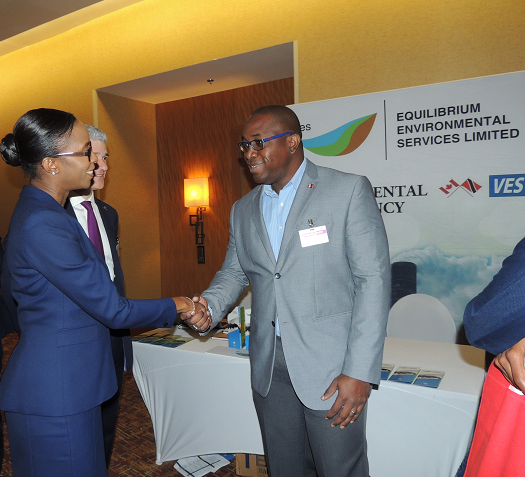 Energy Conference 2016, Day 3 – EES Managing Director, Neil Harper, is greeted by The Honourable Nicole Olivierre(MP), Minister of Energy.  Looking on his Trinidad & Tobago Energy Chamber CEO, Dr. Thackwray “Dax” Driver.